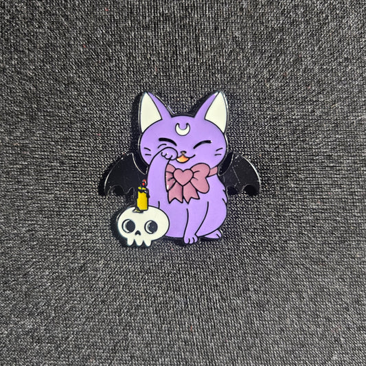 Purple Bat Cat with Wings and Skull Halloween Enamel Pin
